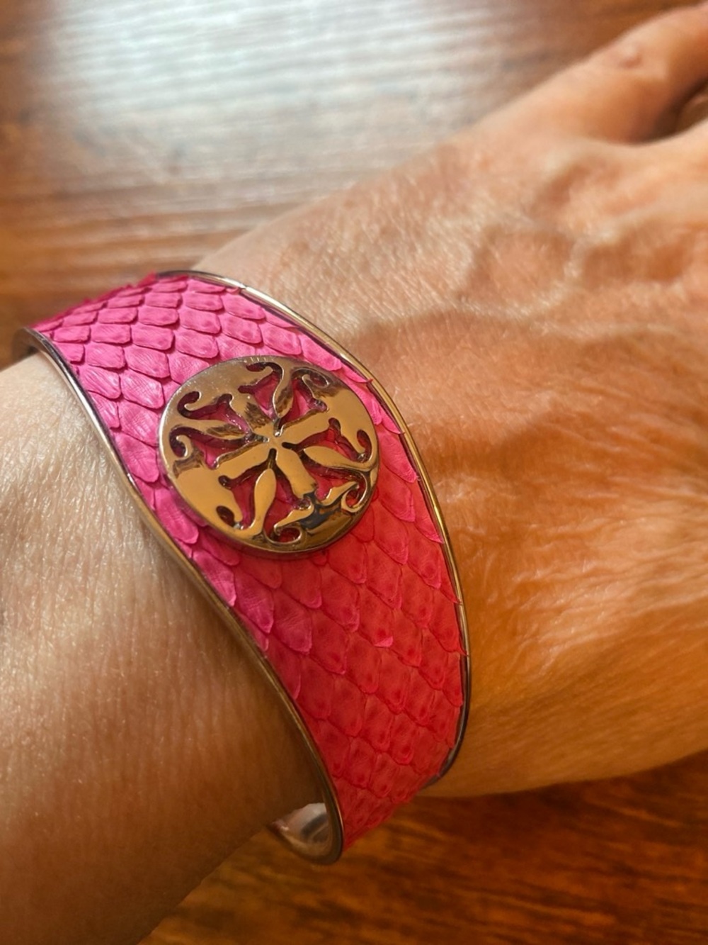 Pink Textured Cuff Bracelet with Decorative silver Accent